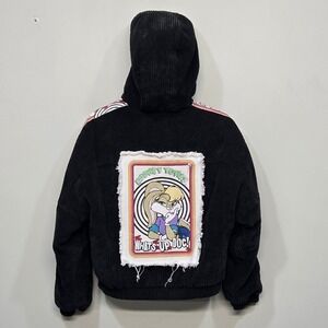 Members Only Looney Tunes Jacket Small Black Corduroy Bugs Bunny Hooded Full Zip